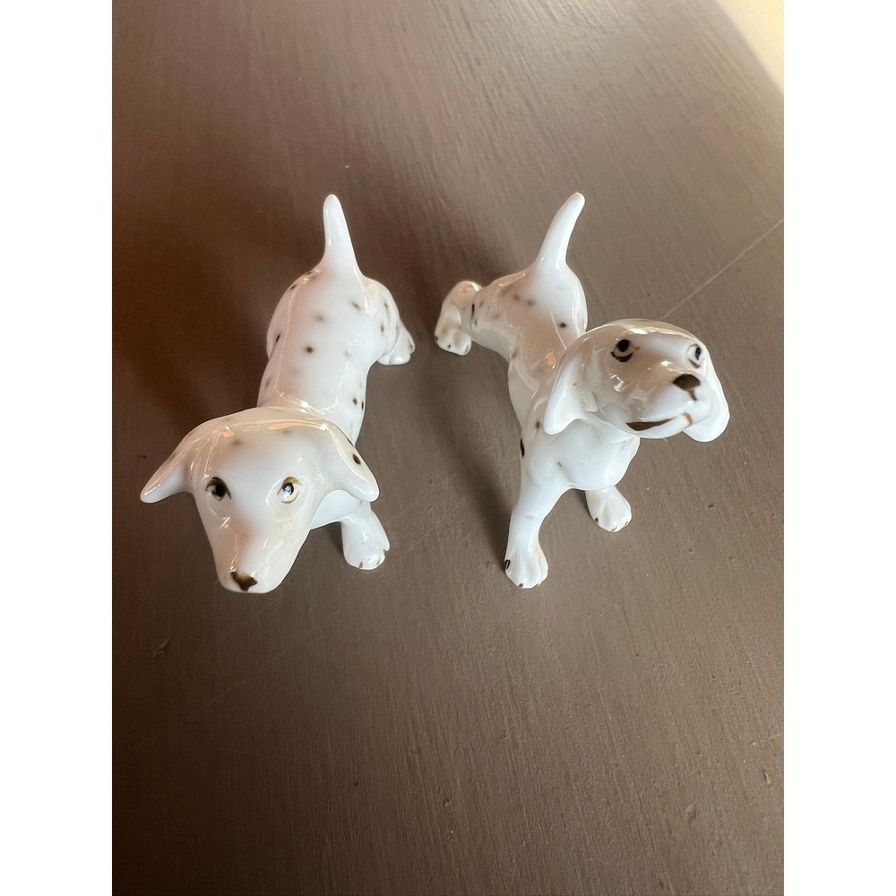 Porcelain Dalmatian Puppy Dogs PuppiesFigurines Set of 2 White Brown Spotted 1.5